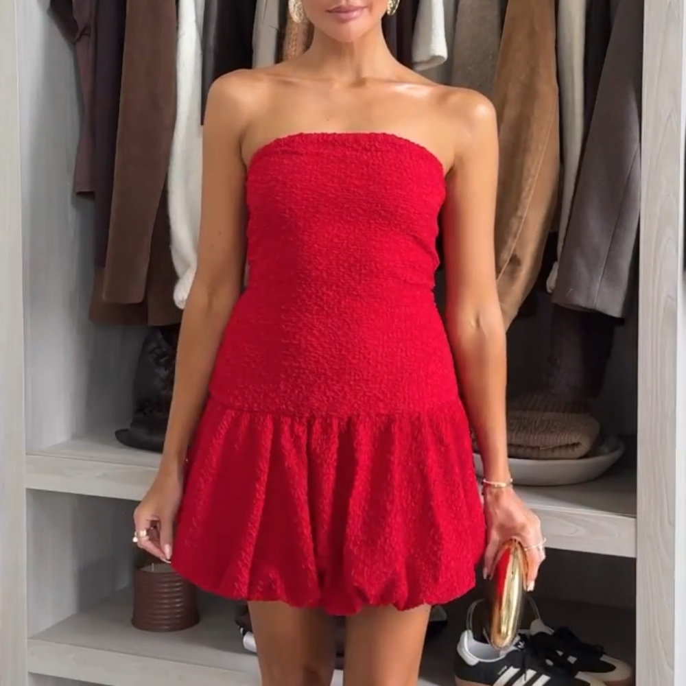 NWT H&M Short Balloon Bubble-hem Bandeau Dress Red 1283301001 Size L